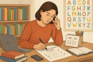 A person reviewing educational materials and a calendar at a desk in a home study area, planning changes to a homeschool curriculum.