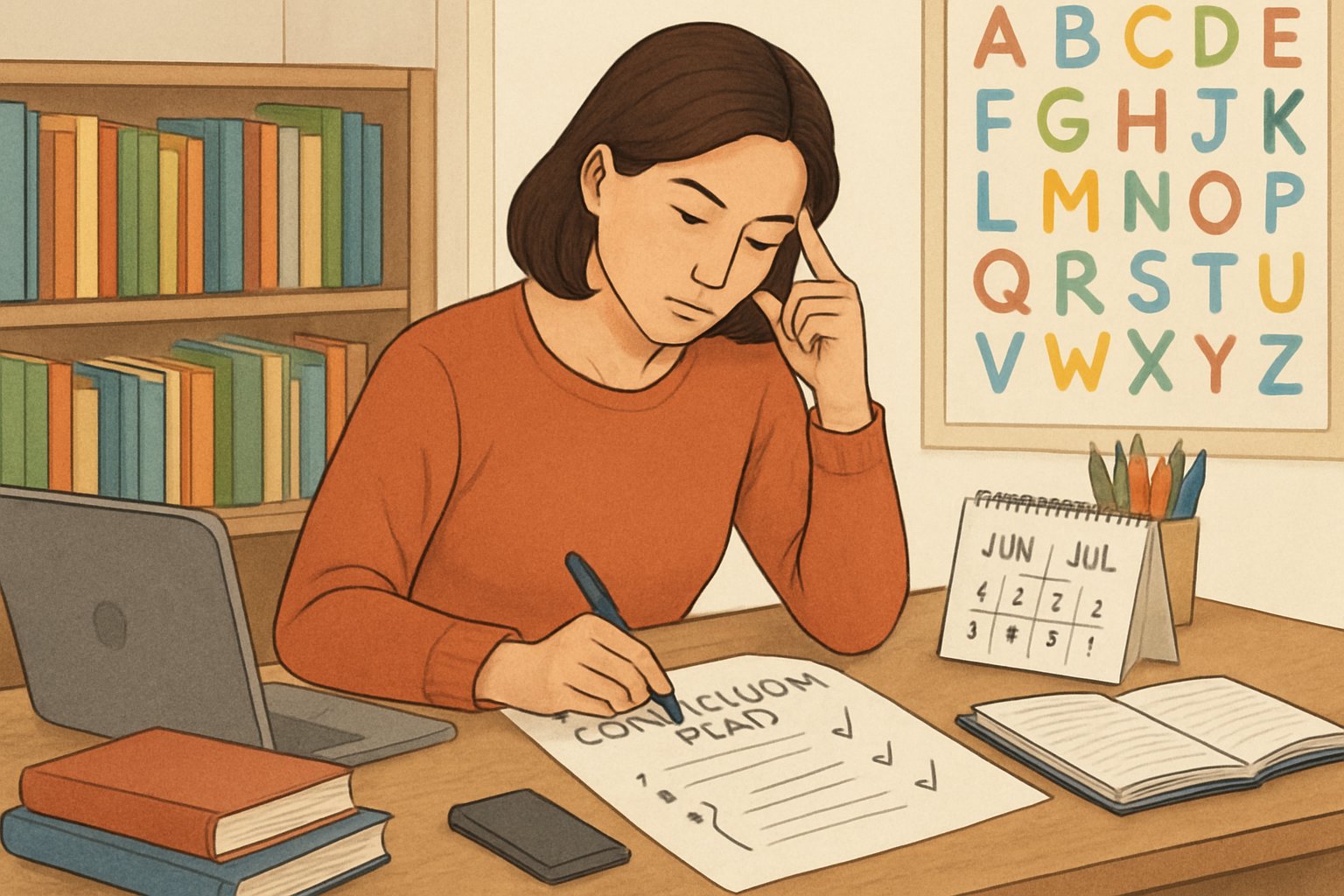 A person reviewing educational materials and a calendar at a desk in a home study area, planning changes to a homeschool curriculum.
