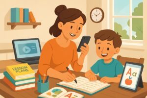 A parent helping a child with schoolwork at home while managing a laptop, surrounded by educational materials, showing an organized and bright learning environment.