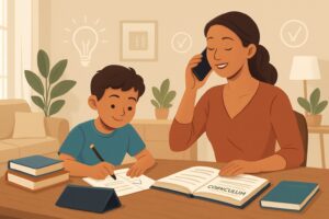 A parent and child in a bright living room engaged in independent home learning with educational materials on a table.