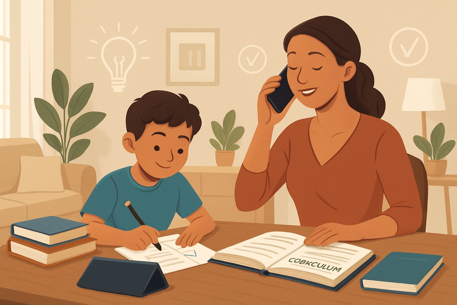 A parent and child in a bright living room engaged in independent home learning with educational materials on a table.