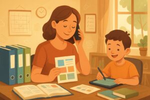 A parent and child working together at a desk with homeschooling materials and a calendar in a bright home office.