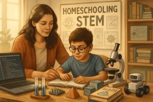 A parent and child working together at a desk with STEM materials including a laptop, science tools, math books, and engineering models in a bright homeschooling room.