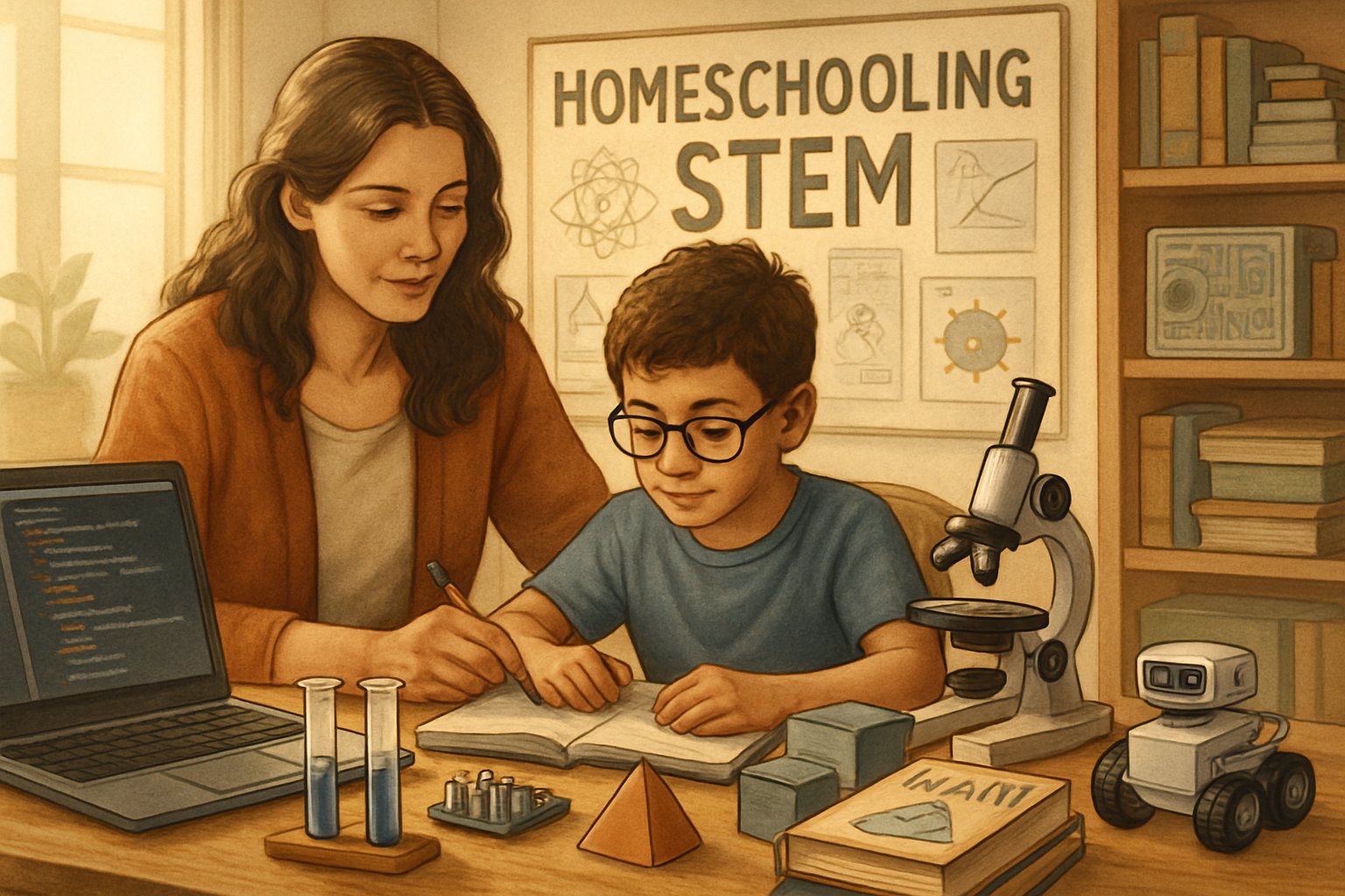 A parent and child working together at a desk with STEM materials including a laptop, science tools, math books, and engineering models in a bright homeschooling room.