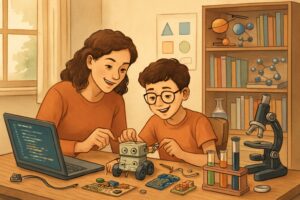 A parent and child working together on STEM projects at a table filled with robotics, coding, and science materials in a bright homeschool room.