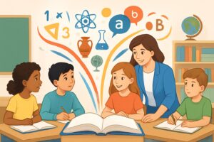 An open book with colorful symbols representing different school subjects emerging from it, surrounded by students and a teacher in a classroom setting.