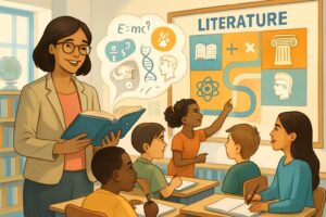 A teacher in a classroom uses a book to teach students multiple subjects, with symbols of math, science, history, and language arts around them.