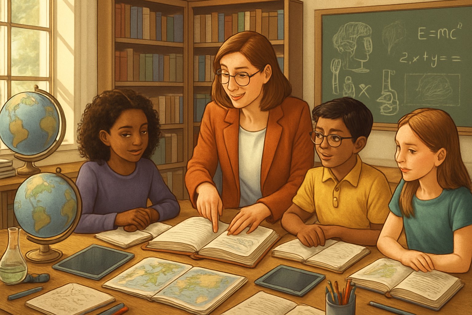 A teacher and diverse students gathered around a table with books and learning materials, engaging in a discussion that connects literature with subjects like science, geography, and math in a bright classroom.