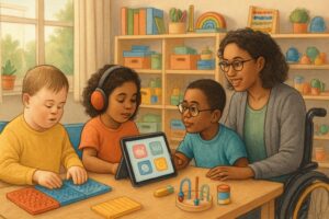 A diverse group of children with special needs learning at home with an adult in a bright, organized room filled with educational materials and adaptive tools.