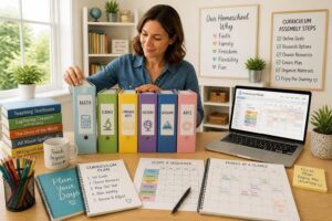 A person organizing educational materials and subject folders on a desk to build a homeschool curriculum.