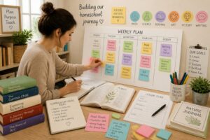 A person arranging educational materials on a weekly planner at a desk filled with books, notebooks, and sticky notes.