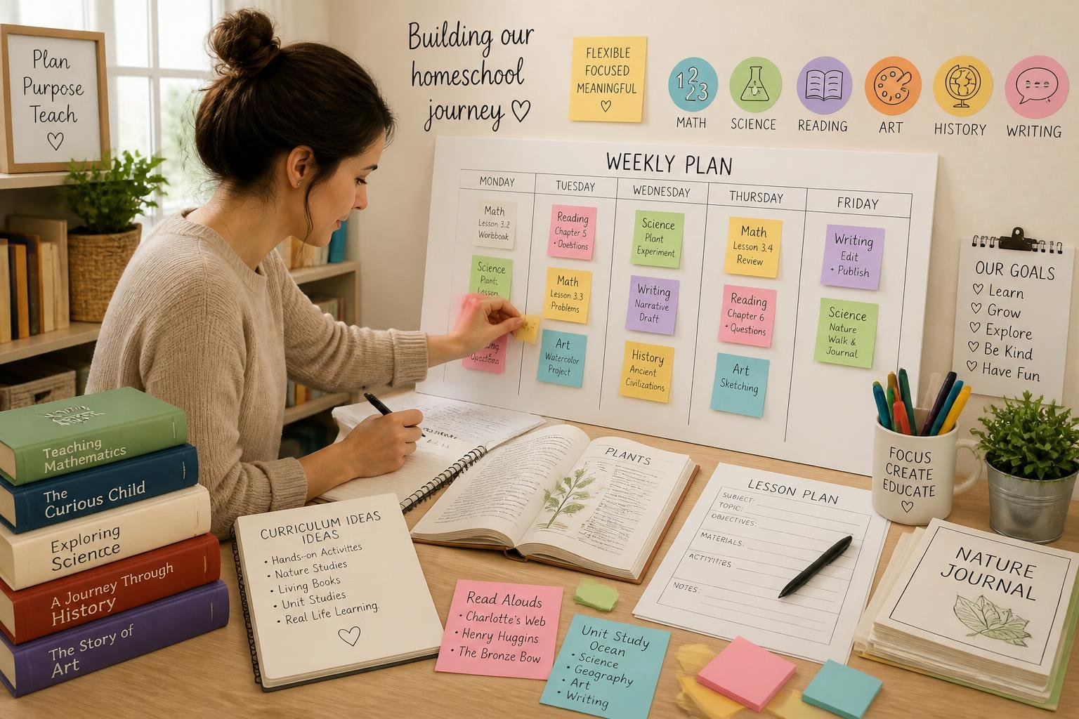 A person arranging educational materials on a weekly planner at a desk filled with books, notebooks, and sticky notes.