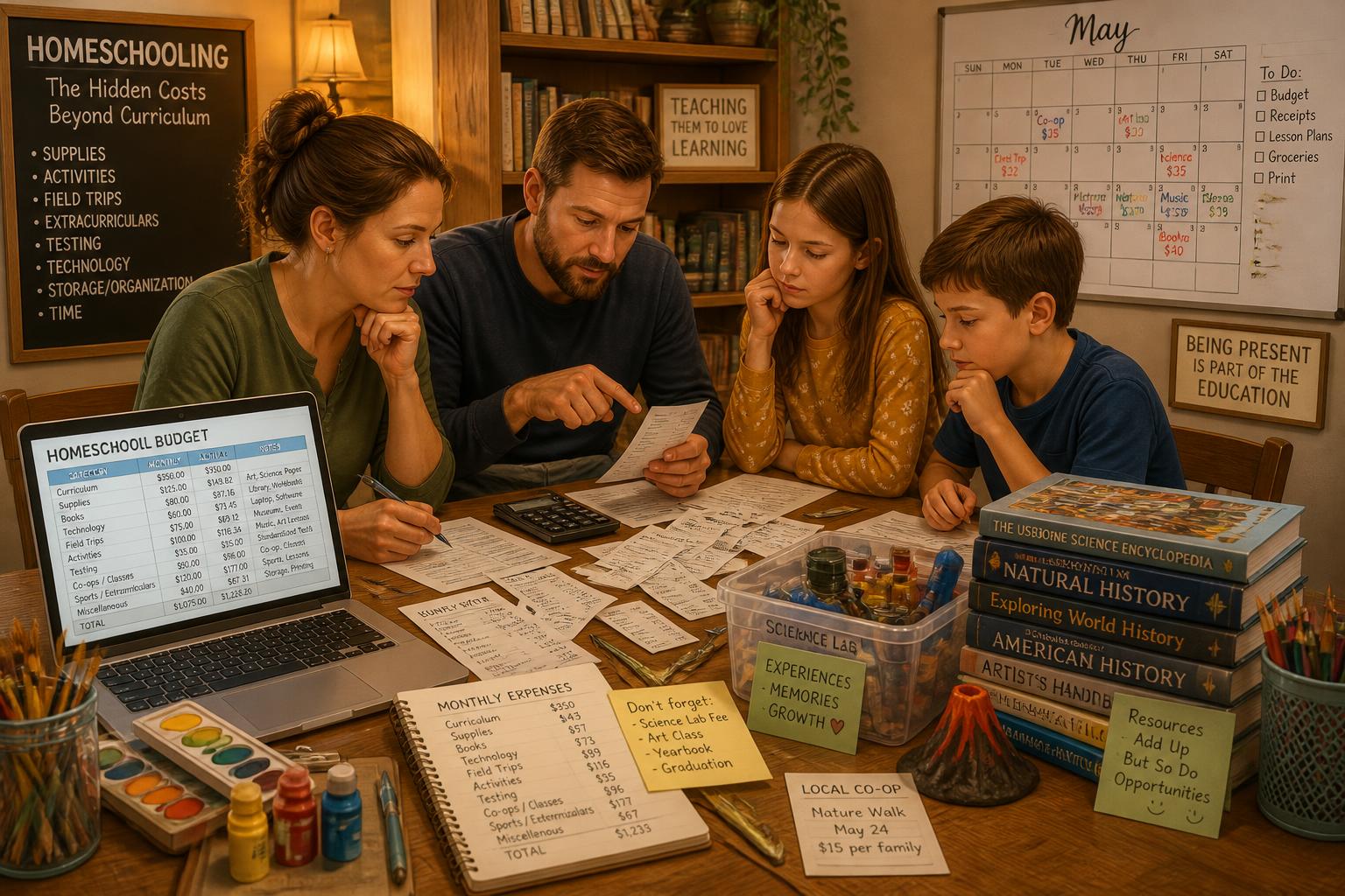 A family sitting at a kitchen table surrounded by homeschooling supplies, receipts, and a laptop, discussing and planning their homeschooling budget.