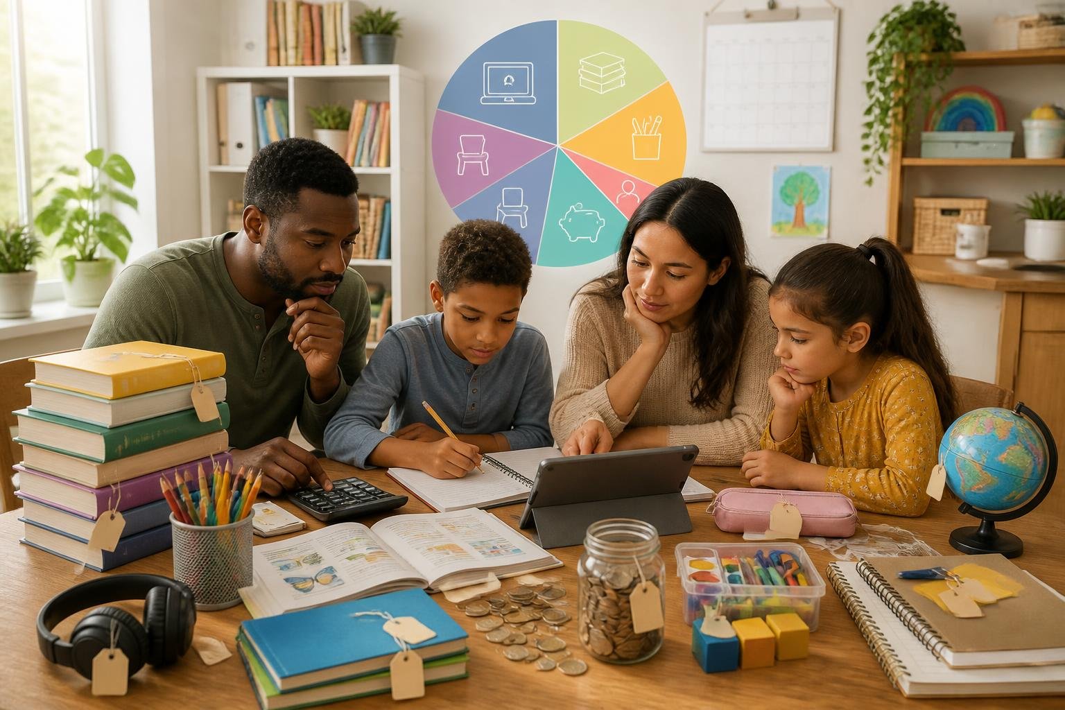 A family at a table surrounded by homeschooling materials with a floating pie chart showing different spending categories, set in a cozy home environment.