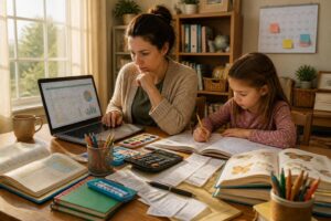 A parent and child at a table with homeschool books and supplies, the parent reviewing a budget on a laptop with a calculator and receipts nearby.