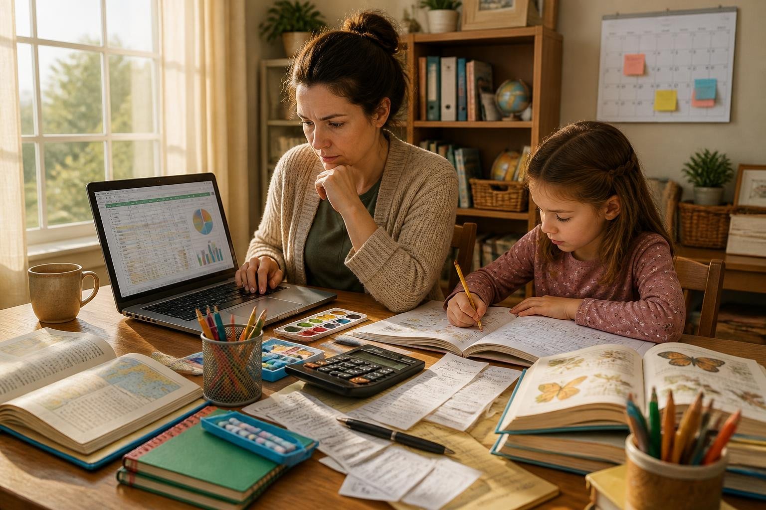 A parent and child at a table with homeschool books and supplies, the parent reviewing a budget on a laptop with a calculator and receipts nearby.