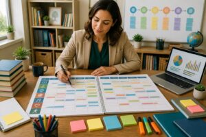 A teacher reviewing a detailed curriculum planner spread out on a desk with educational tools around.