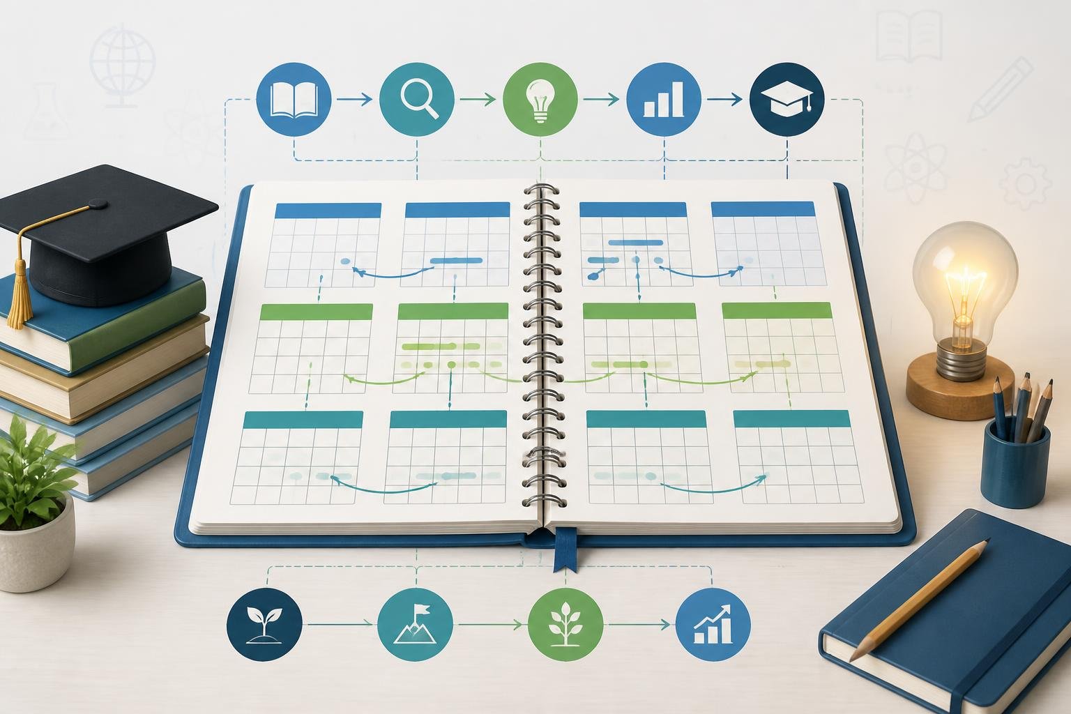 An open yearly planner on a desk surrounded by books, a graduation cap, and educational symbols, with arrows showing progression through different months.