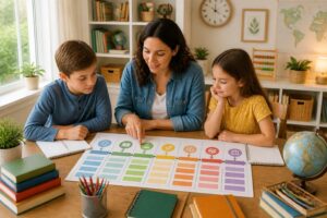 A parent and two children sitting at a table with books and charts, planning a homeschool curriculum together in a bright learning space.
