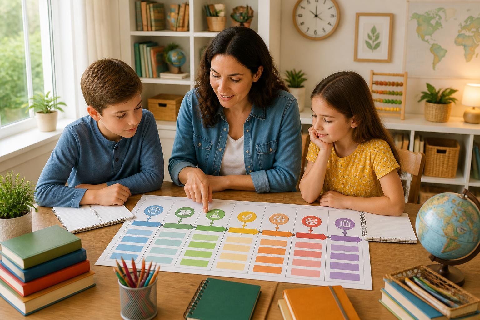 A parent and two children sitting at a table with books and charts, planning a homeschool curriculum together in a bright learning space.