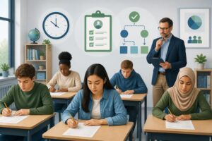 Students taking tests in a classroom while a teacher observes and takes notes, with visual symbols of timing and decision-making around them.
