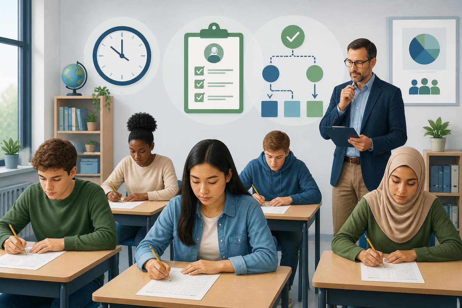 Students taking tests in a classroom while a teacher observes and takes notes, with visual symbols of timing and decision-making around them.