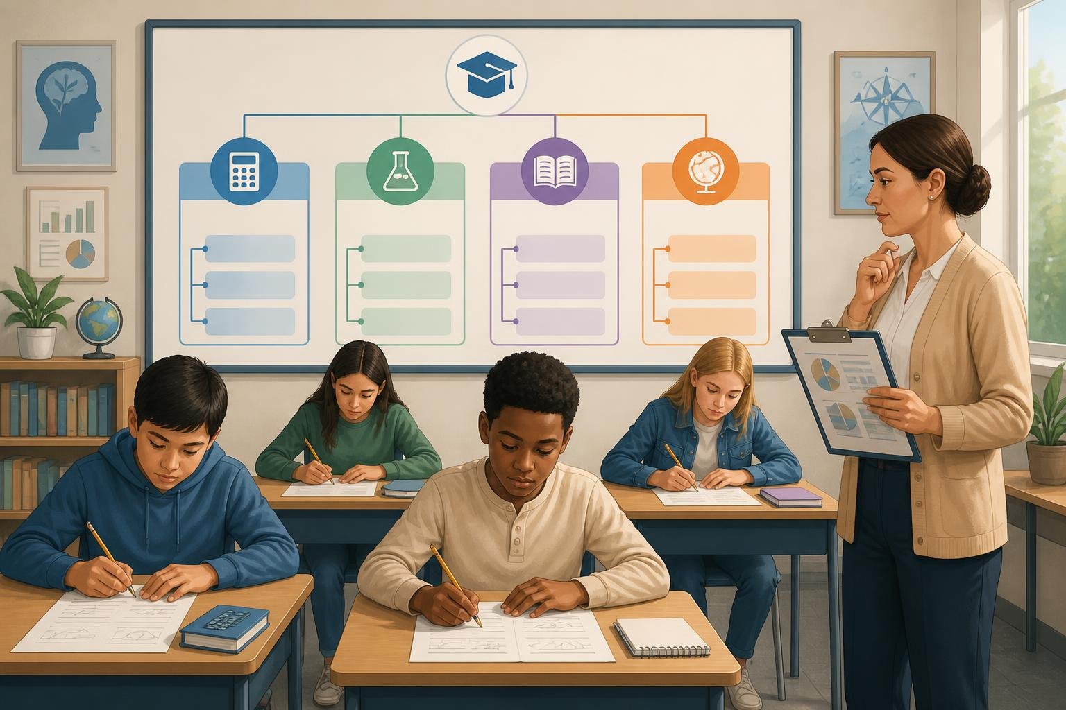 A teacher observes diverse students taking different subject tests in a classroom with a chart showing curriculum pathways in the background.