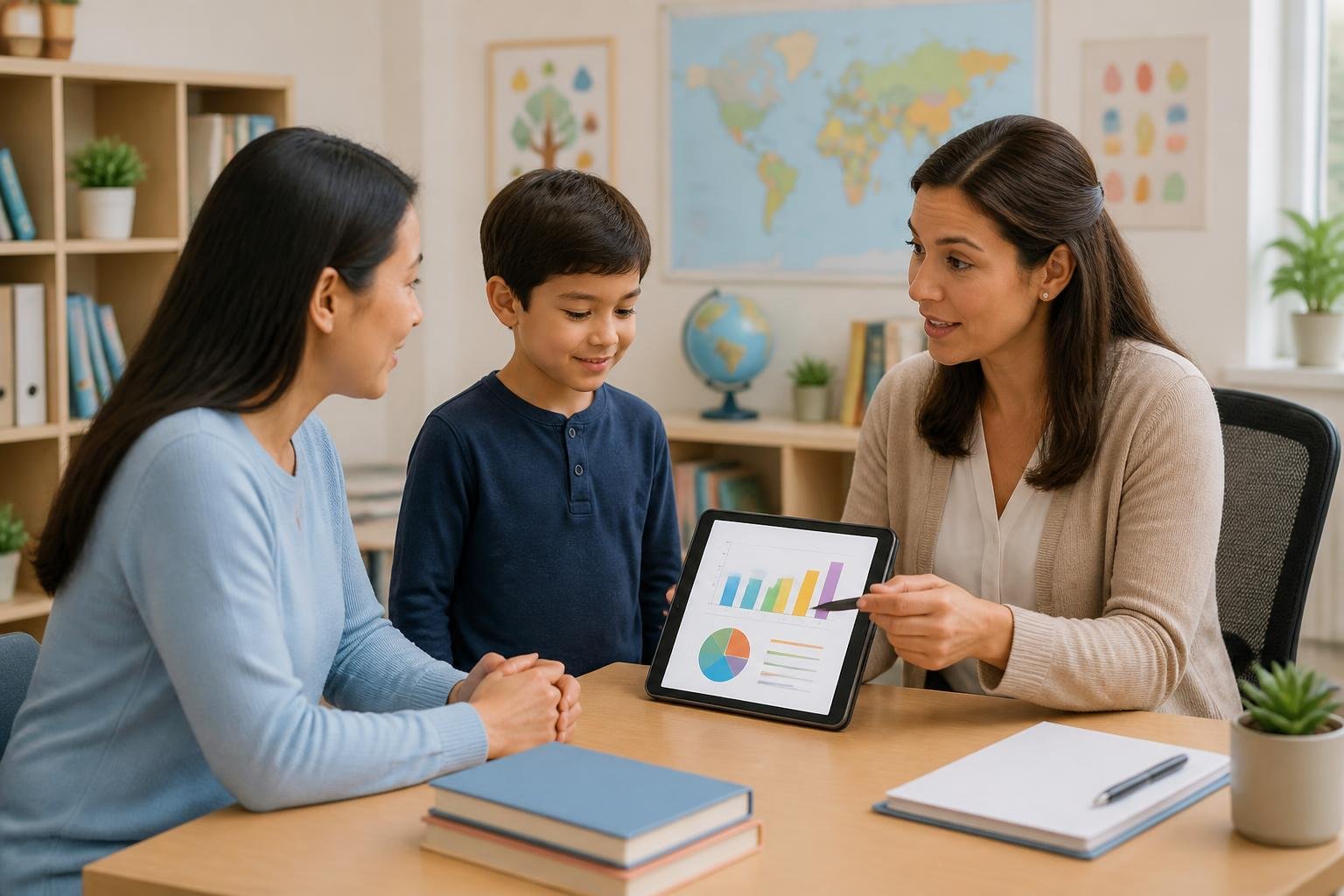 A parent and teacher discussing curriculum placement tests with a child nearby in a classroom setting.