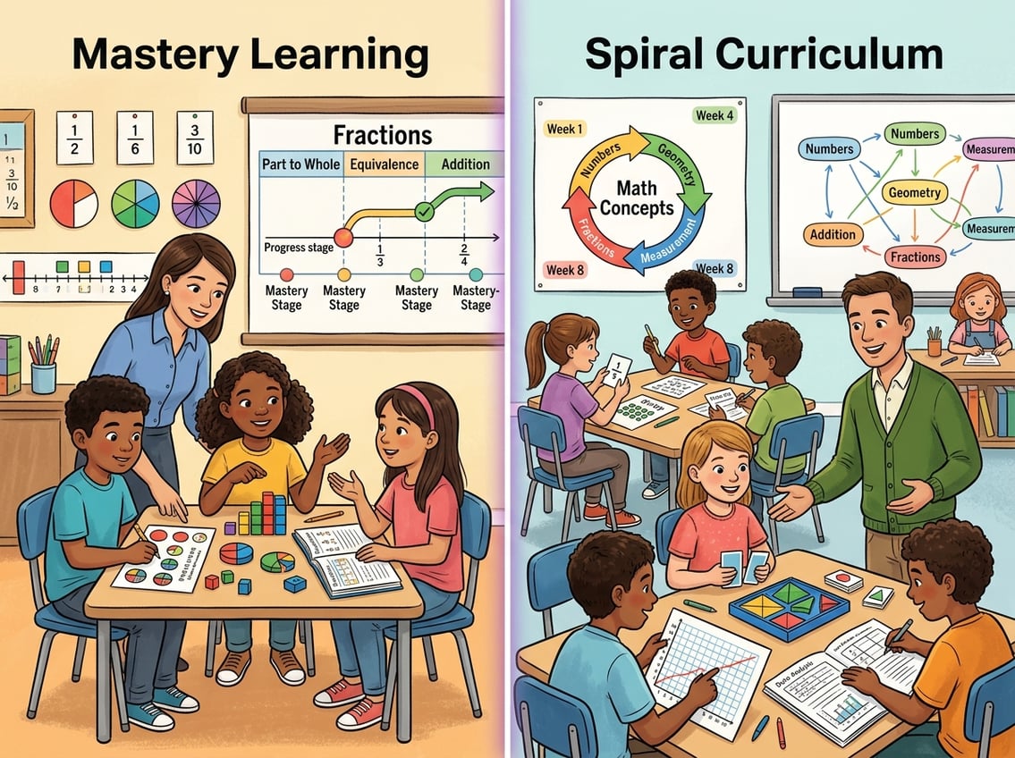 An illustration showing two classrooms side by side: one where students focus deeply on one math topic with a teacher's guidance, and another where students work on multiple math topics repeatedly in a spiral pattern.