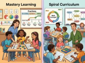 An illustration showing two classrooms side by side: one where students focus deeply on one math topic with a teacher's guidance, and another where students work on multiple math topics repeatedly in a spiral pattern.