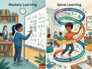 Two children learning math in different ways: one solving problems step-by-step, the other exploring topics in a spiral pattern, both engaged and focused.