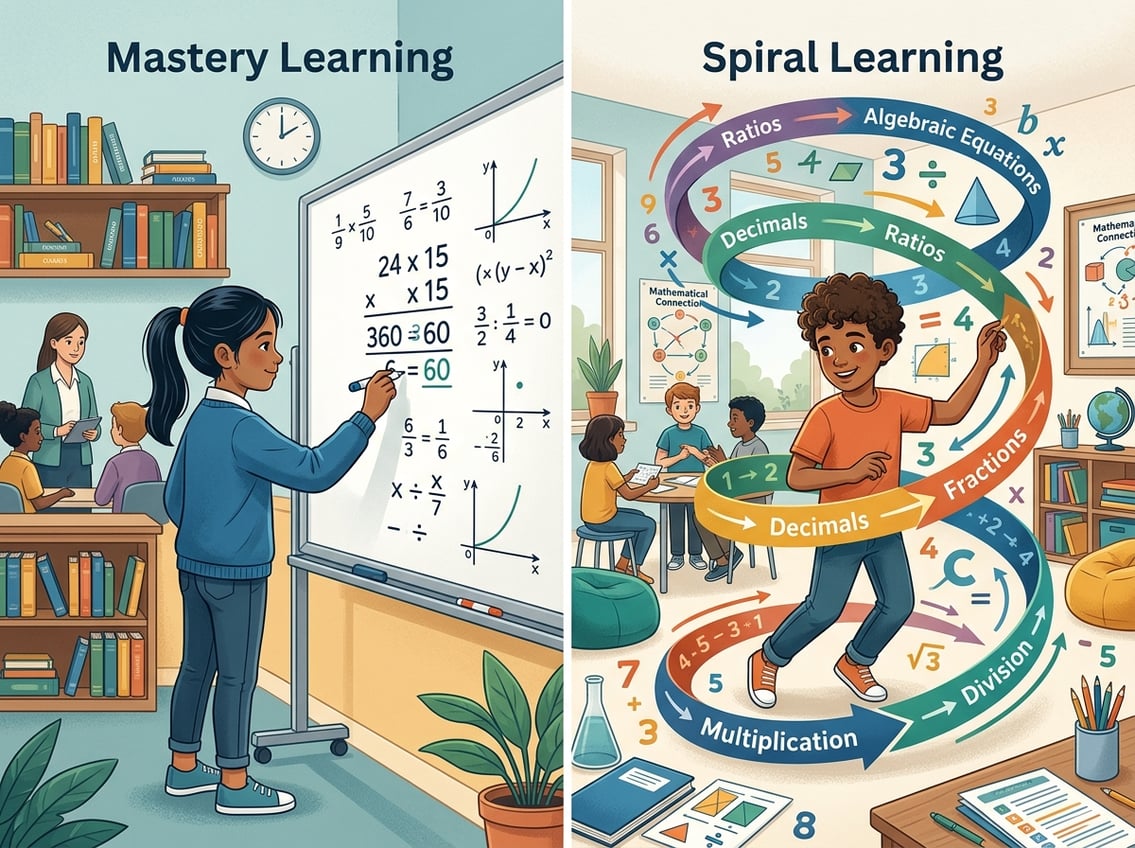 Two children learning math in different ways: one solving problems step-by-step, the other exploring topics in a spiral pattern, both engaged and focused.