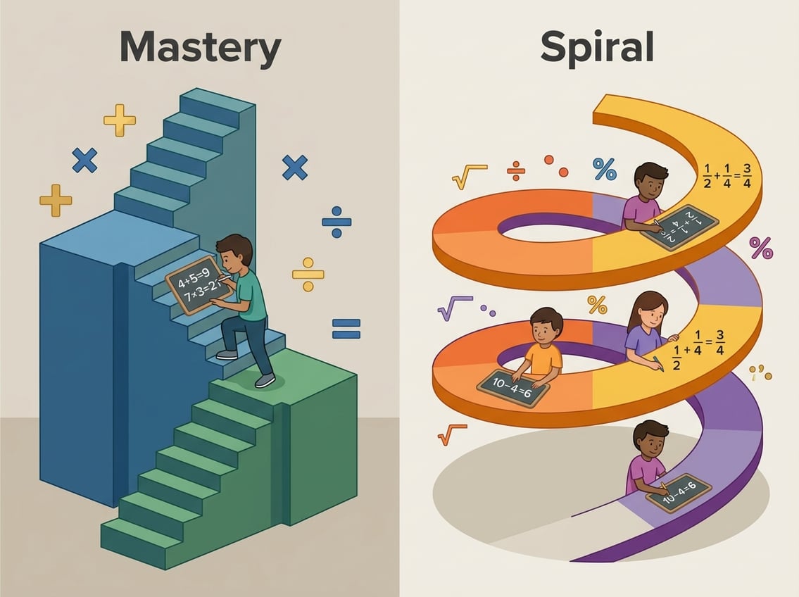 An illustration showing two different math learning approaches: one with a student progressing step-by-step in a straight path, and another with a student revisiting topics in a spiral path.