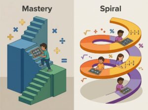 An illustration showing two different math learning approaches: one with a student progressing step-by-step in a straight path, and another with a student revisiting topics in a spiral path.