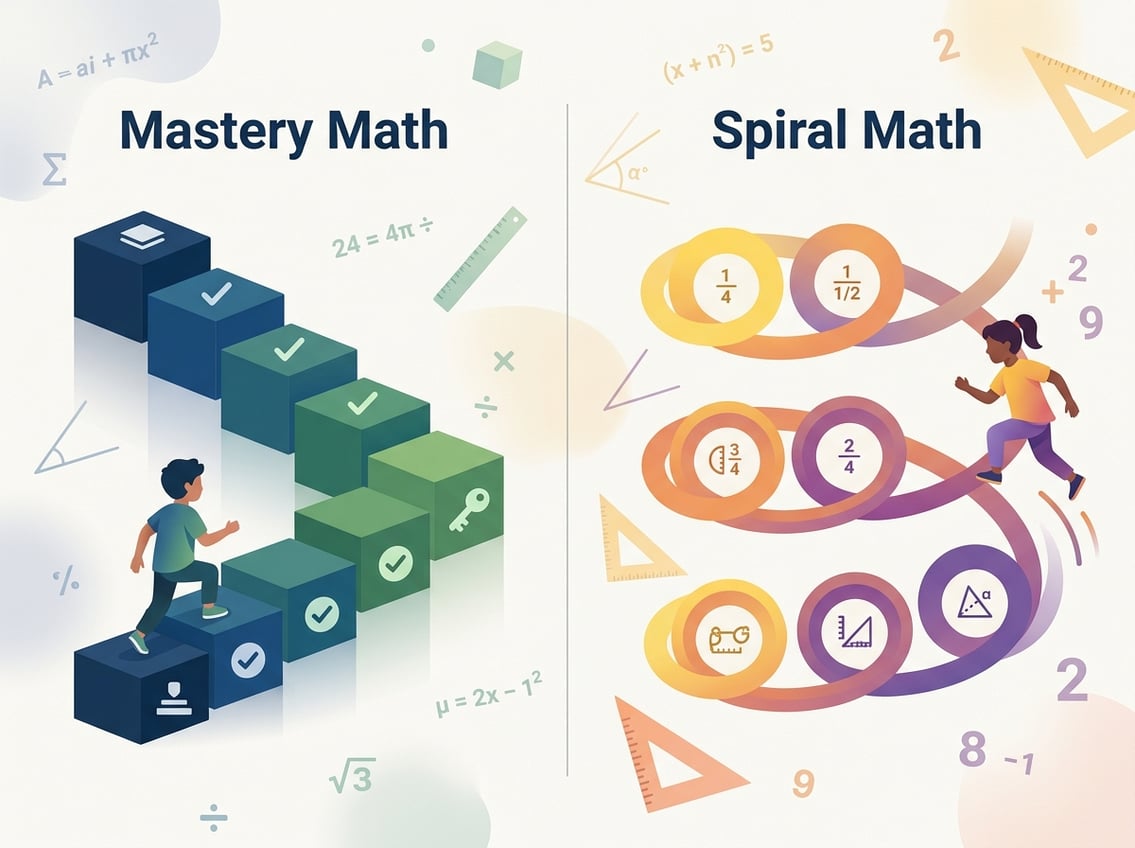 An illustration showing two side-by-side paths representing different math curriculum styles, one with sequential steps and the other with looping circles, symbolizing different learning approaches.