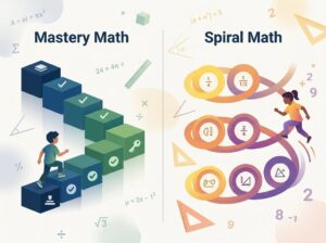 An illustration showing two side-by-side paths representing different math curriculum styles, one with sequential steps and the other with looping circles, symbolizing different learning approaches.