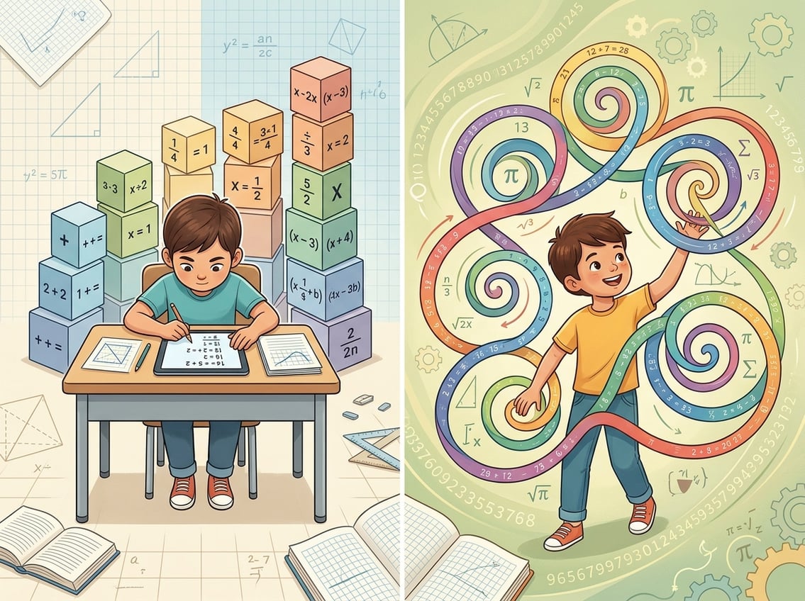 Two children learning math in different ways: one focused on one topic at a time, the other exploring multiple topics in a spiral pattern.