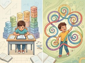 Two children learning math in different ways: one focused on one topic at a time, the other exploring multiple topics in a spiral pattern.
