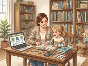 A parent and child reviewing homeschool books together in a cozy study area with shelves of used educational materials and a tablet showing an online marketplace.