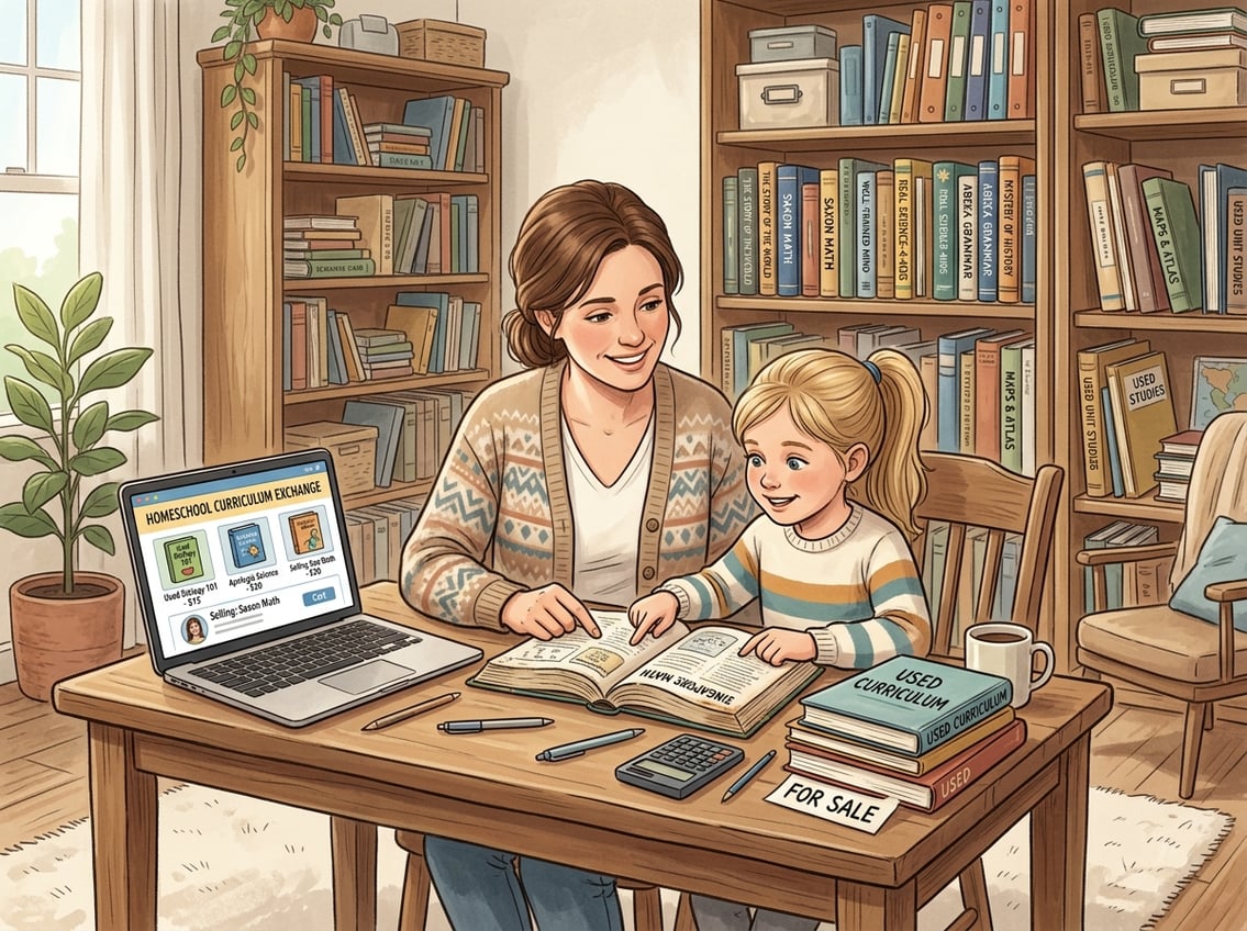 A parent and child reviewing homeschool books together in a cozy study area with shelves of used educational materials and a tablet showing an online marketplace.