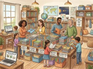 Parents and children exchanging and browsing used homeschool curriculum books in a cozy, well-organized room.