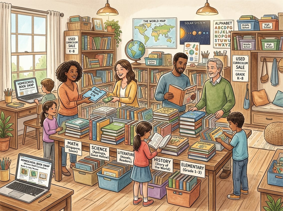 Parents and children exchanging and browsing used homeschool curriculum books in a cozy, well-organized room.