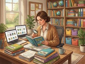 A parent carefully inspecting used homeschool curriculum books at a desk with a laptop and educational materials in a home office.