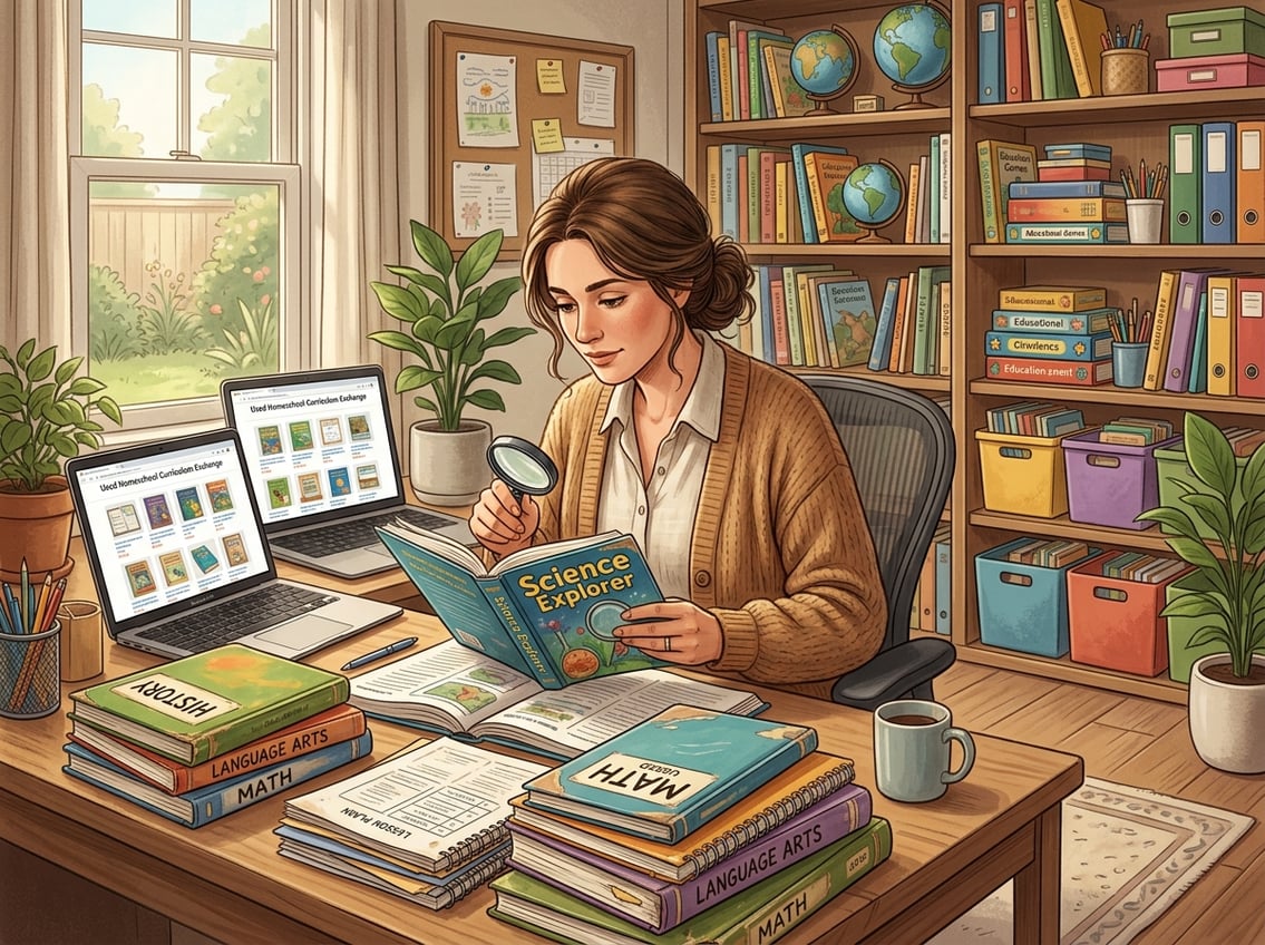 A parent carefully inspecting used homeschool curriculum books at a desk with a laptop and educational materials in a home office.