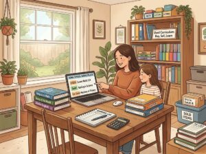 A parent and child at a table with homeschool books and a laptop showing an online marketplace, surrounded by shelves with educational materials.