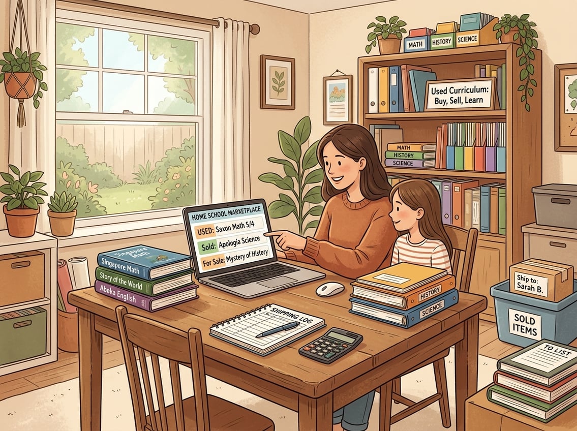 A parent and child at a table with homeschool books and a laptop showing an online marketplace, surrounded by shelves with educational materials.