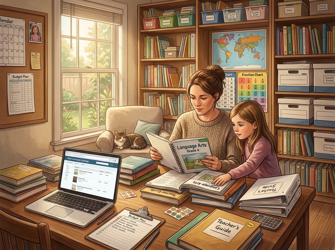 A parent and child organizing used homeschool curriculum materials in a cozy home study area with books, a laptop, and educational supplies.