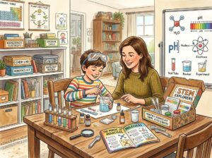 A child and parent working together on a science experiment at home using materials from a subscription box in a bright, organized study area.