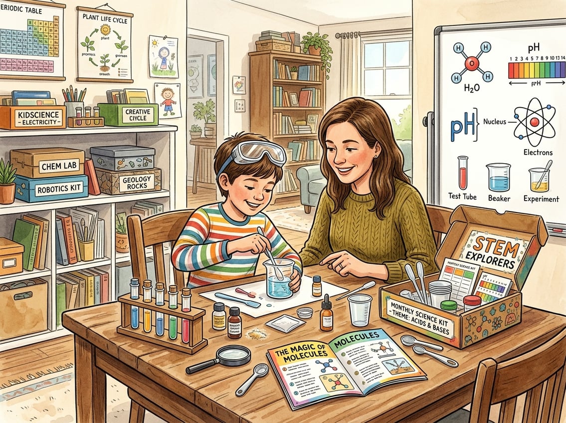 A child and parent working together on a science experiment at home using materials from a subscription box in a bright, organized study area.