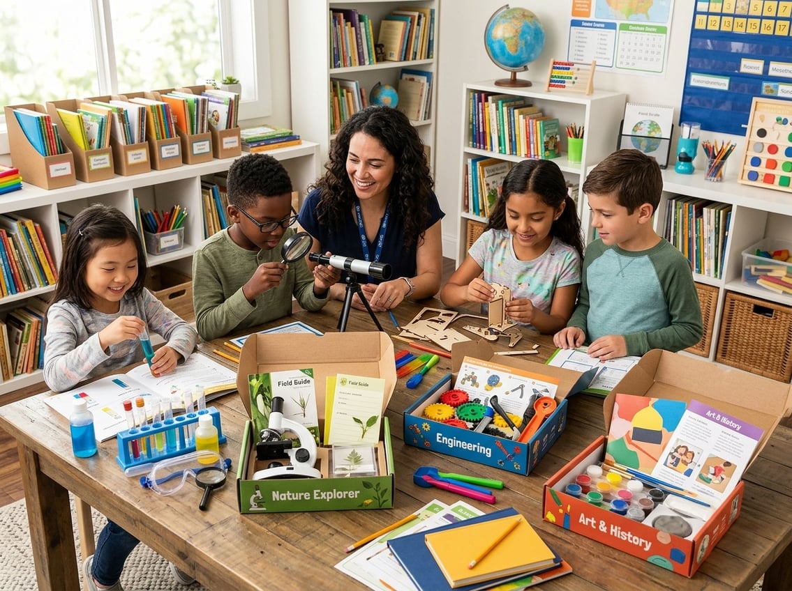 Children and a teacher exploring educational subscription boxes with science materials in a bright learning space.